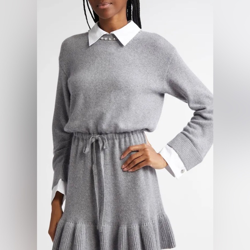 cinq a sept Gray Knit Sweater Dress with White Collar & Cuffs - Picture 3 of 14